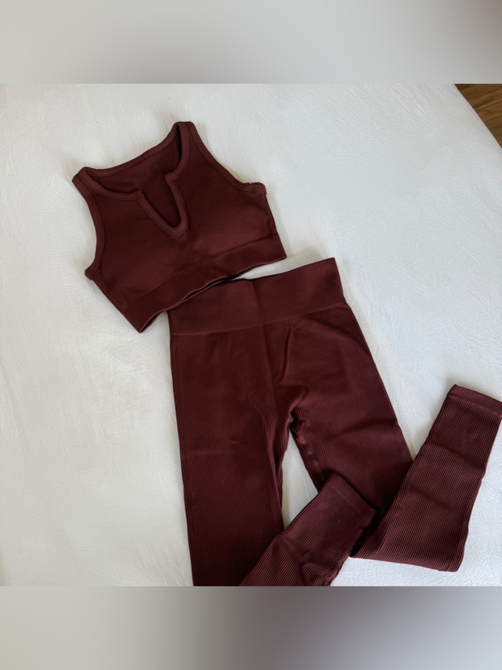 Ribbed V-Neck Crop Tank & High-Waist Leggings Set - Deep Burgundy